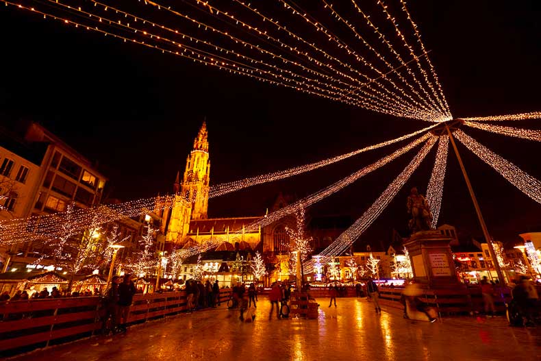 Best Christmas Destinations in Europe - a square in Antwerp glowing with christmas lights