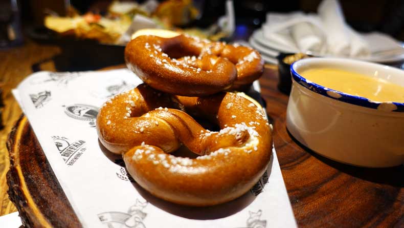 pretzels and cheese dip at Banff Avenue Brewing- one of the best places to eat in Banff