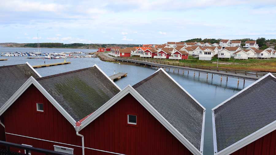 red wooden buildings in grebbestad sweden on the way from copenhagen to oslo 