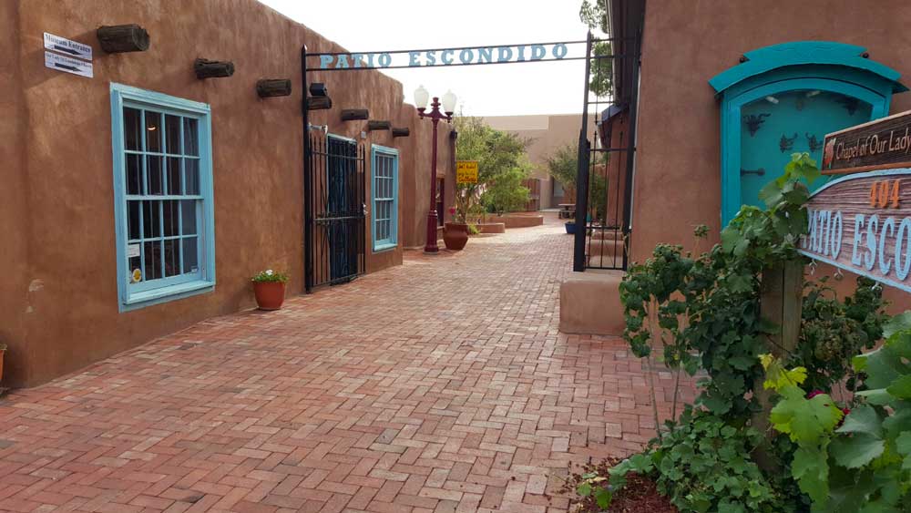 Adobe buildings in Old Town Albuquerque, a type of architecture you will see a lot on an American Southwest road trip.