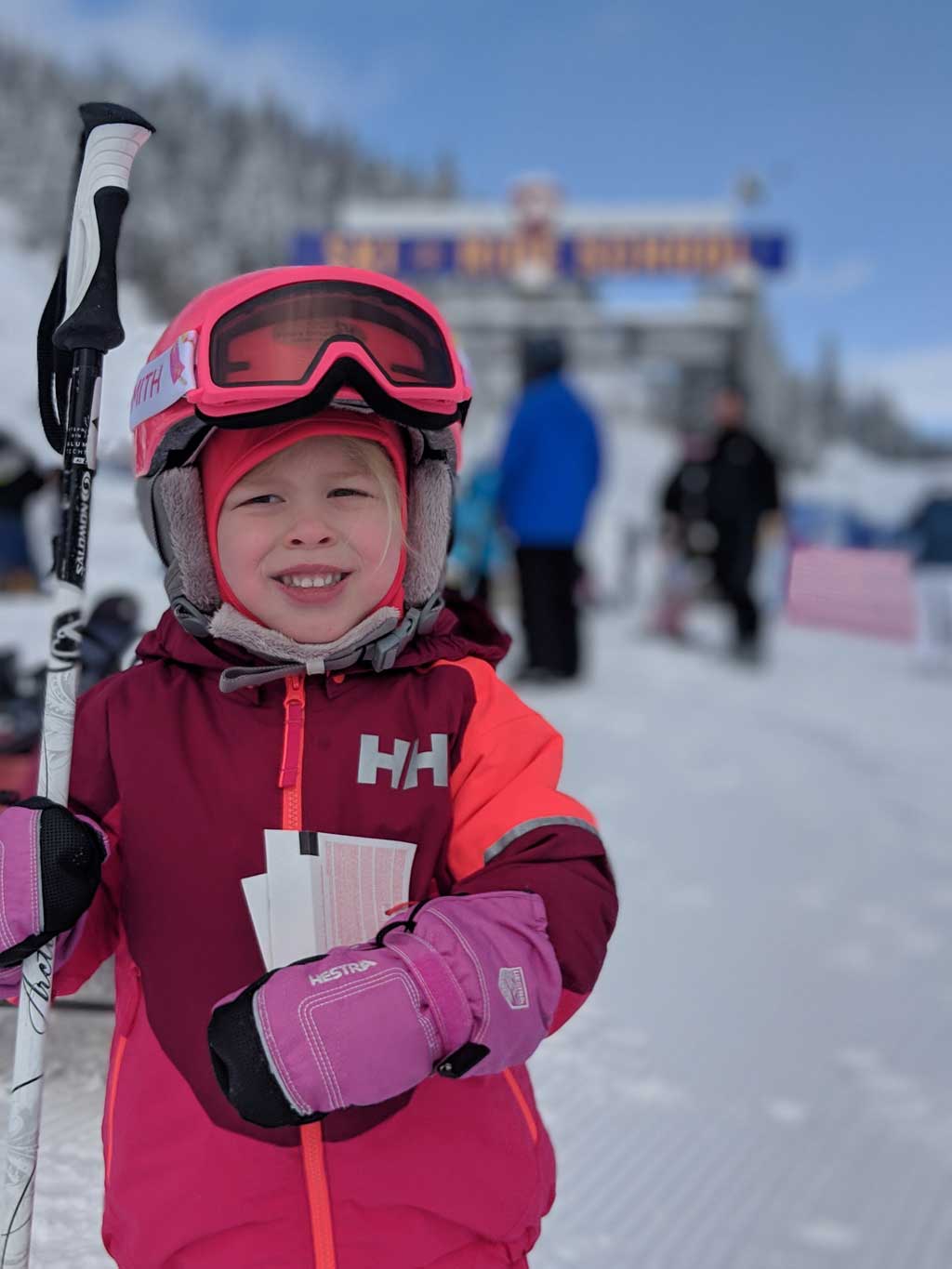 Toddler with ski gear