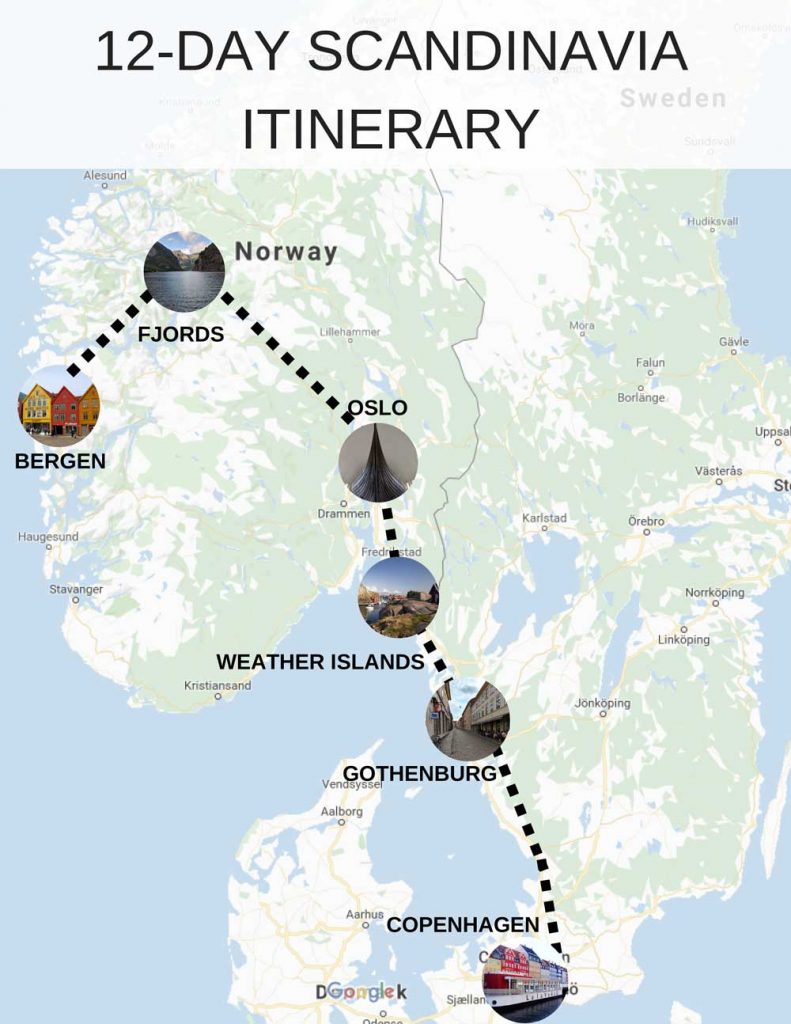 Scandinavia itinerary 12 days. A map of some of the top things to do in Scandinavia and the best places to visit in Scandinavia on a 12 day Scandinavia trip.