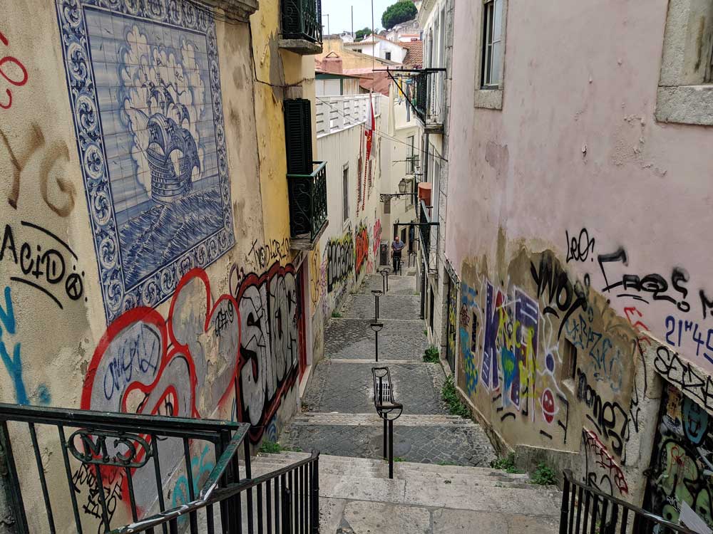 street art along narrow staircase in Lisbon's Alfama district