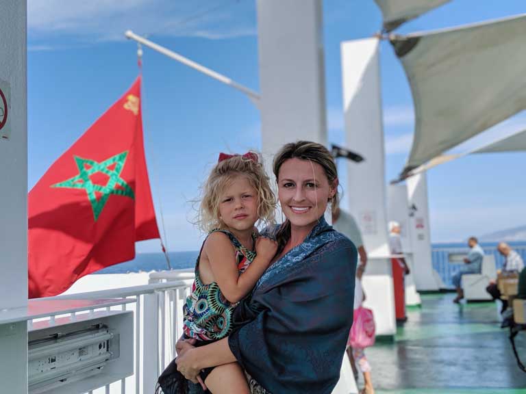 Mother and daughter on the ferry to Morocco from Spain as part of a Spain Portugal Morocco itinerary