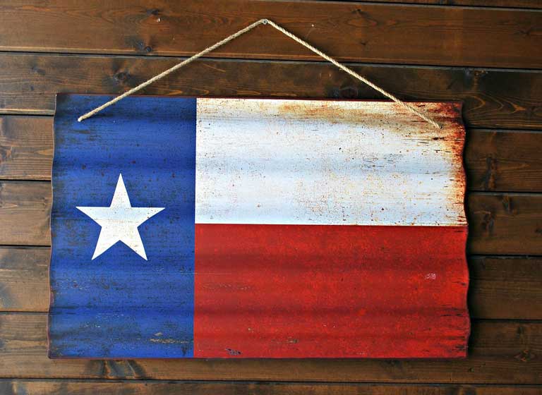 A Texas flag wall art hanging on a wooden wall