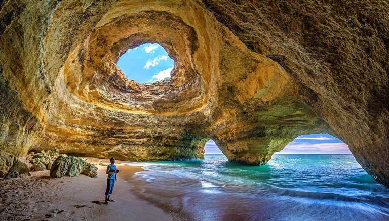 Inside Benagil Cave, one of the most popular places to visit on the Algarve Coast.