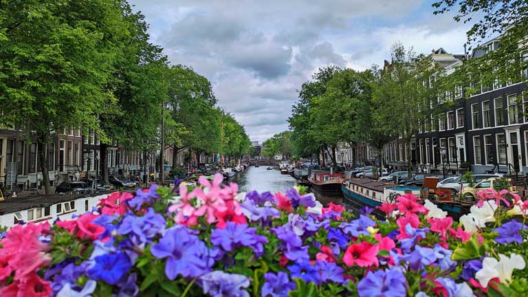 a canal in amsterdam lined with flower baskets