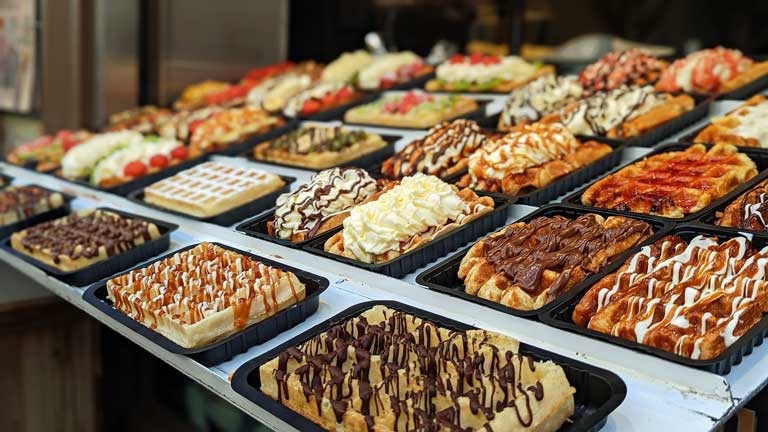 A variety of waffles on display in Brussels