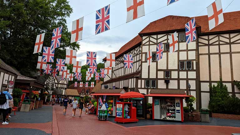 United Kingdom and England flags draped across the Englad area of Busch Gardens Williamsburg Virginia 