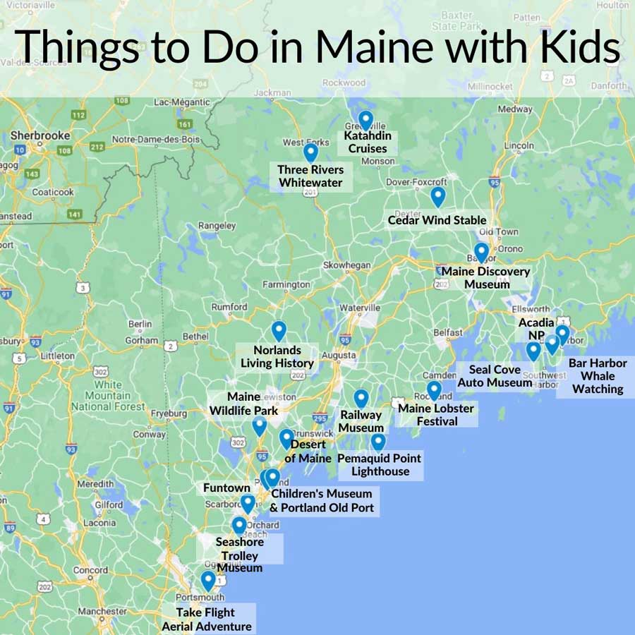 map of the best things to do in Maine with kids