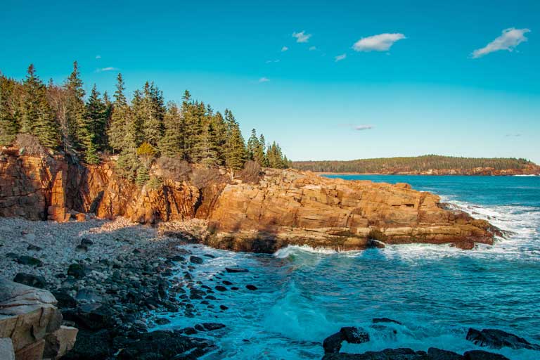 A scenic view of trees, and the ocean hitting the rocks at Acadia National Park