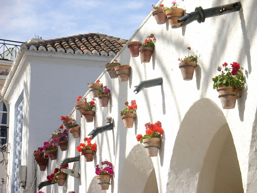 white walls with flower posts hanging on them in one of the white towns in Spain