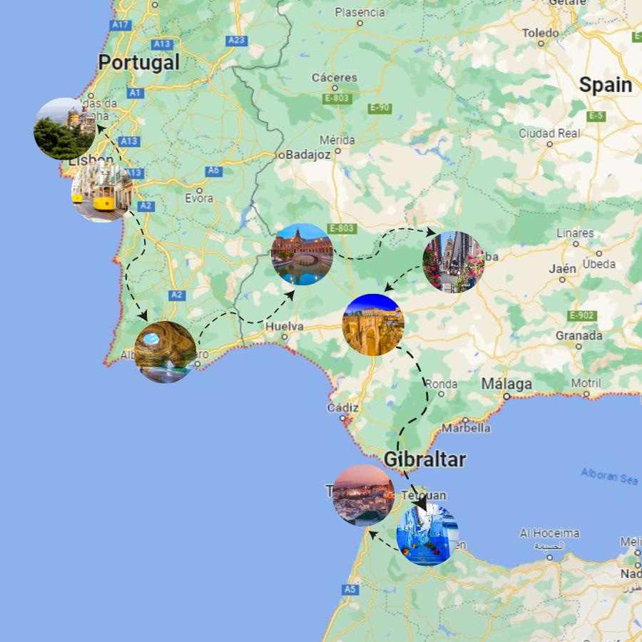 Portugal Spain Morocco itinerary map