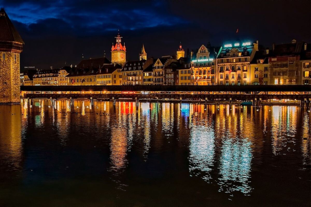 looking across the water at the chapel bridge and lucerne at night