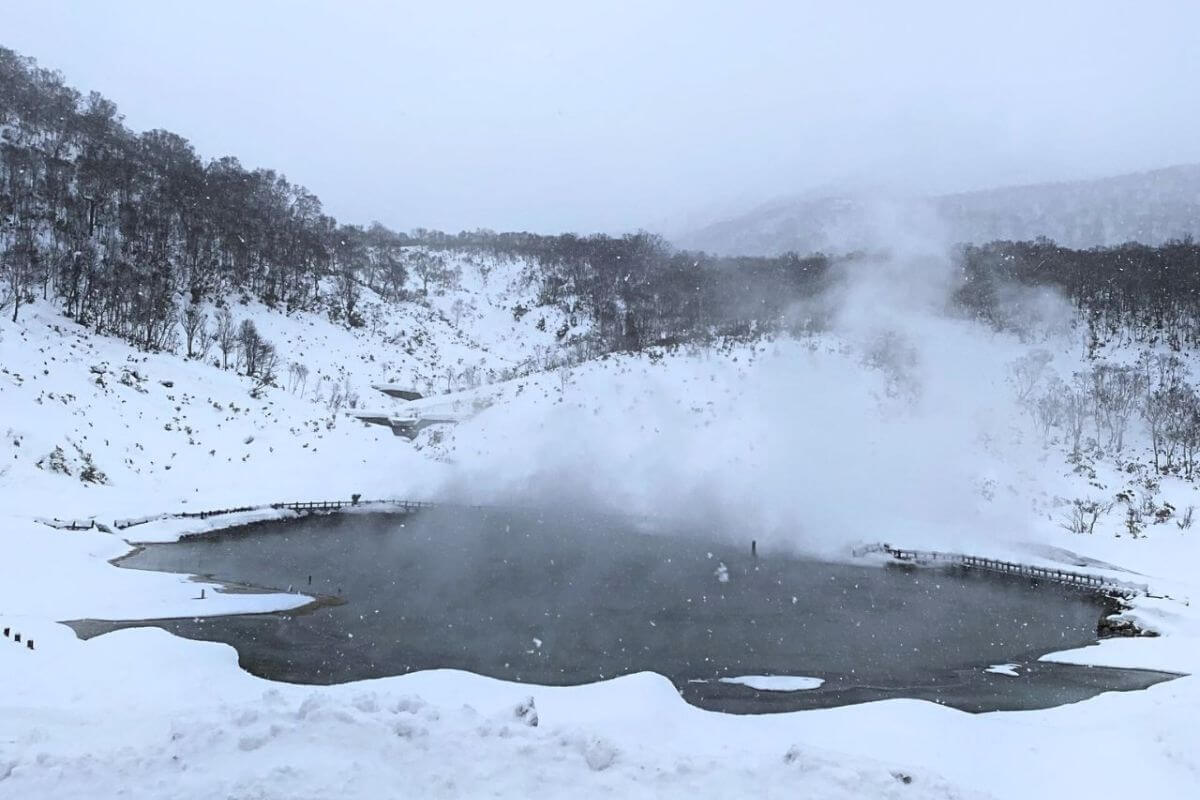 a natural hot spring surrounded by snow