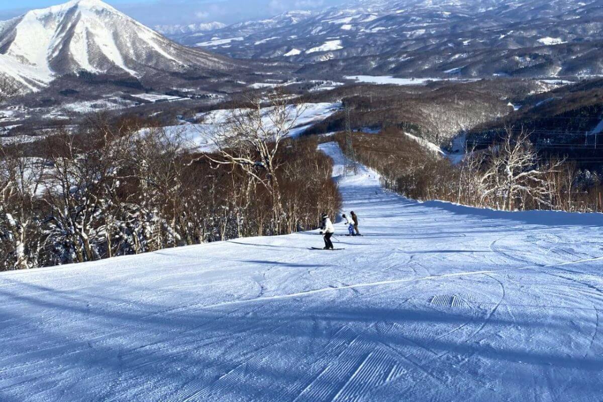 People skiing in Niseko going down a slope at Rusutsu