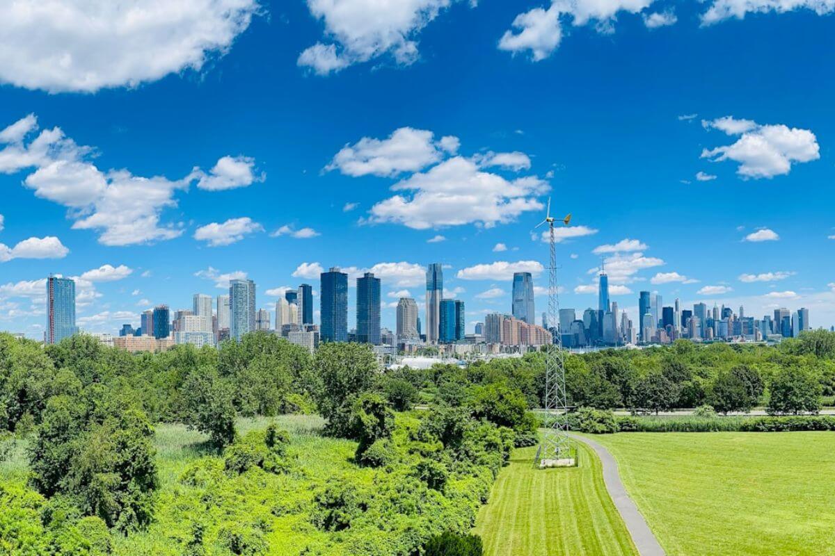 the view of the NYC skyline from the observation deck at Liberty Science center