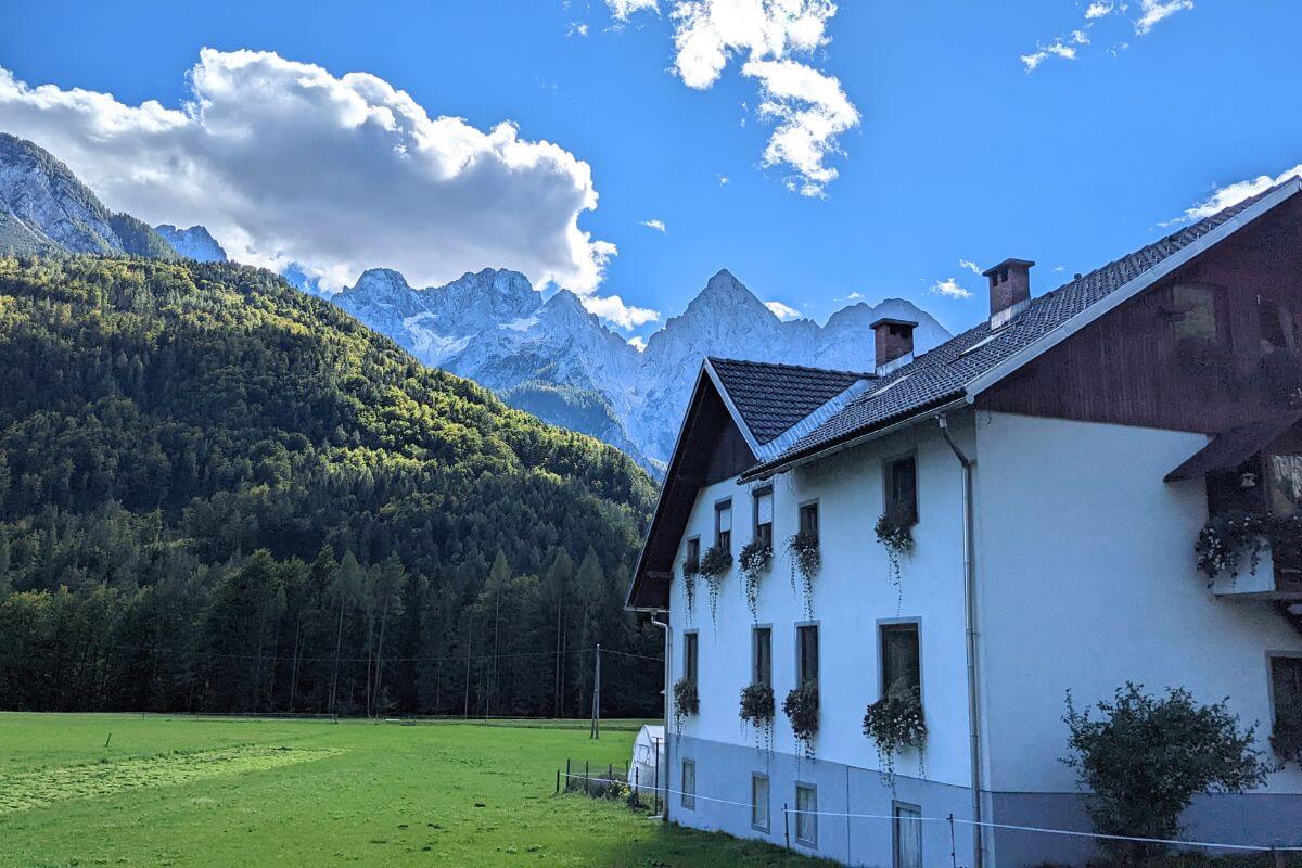 a cute white house with window boxes of flowers with a green field, forest, and the Julian Alps in the background.