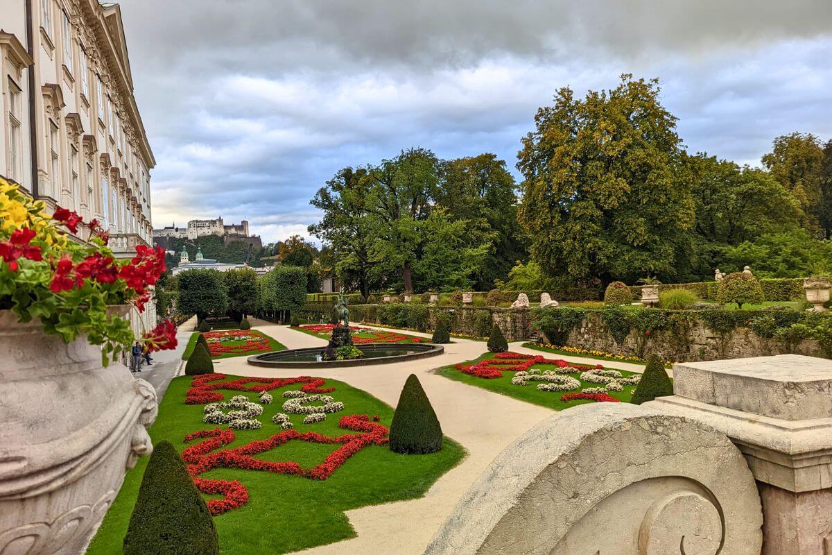 looking down at Mirabell gardens and the Pegasus Fountain