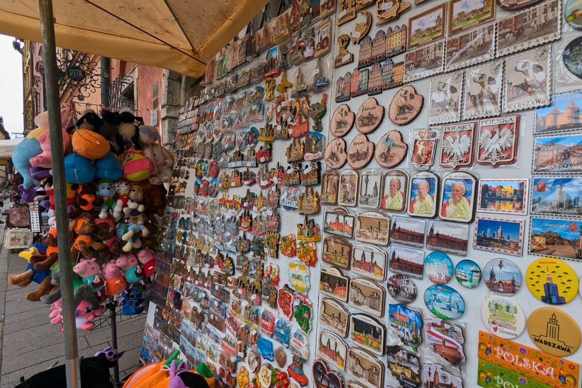 a stand in Warsaw selling souvenirs from poland