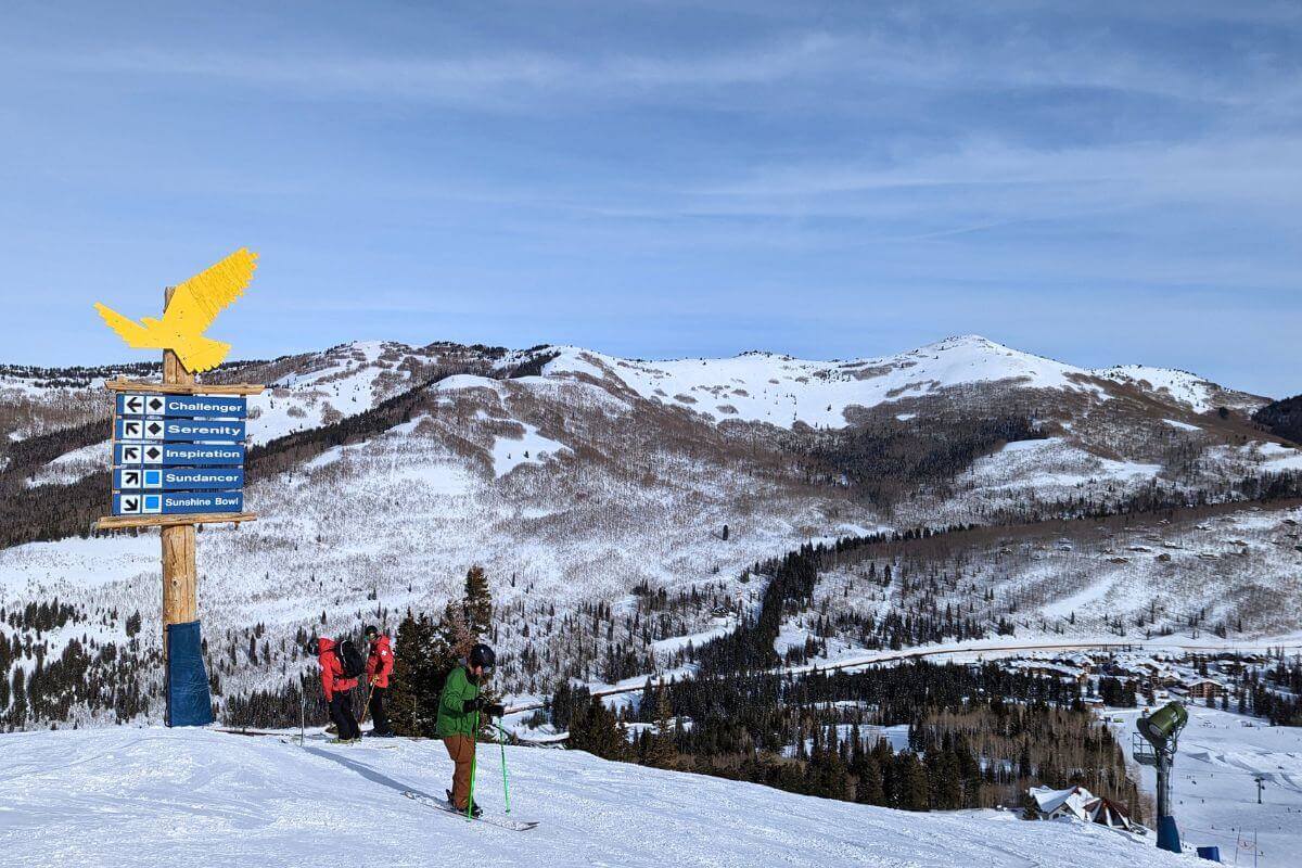 skiers at the top of a run at Solitude one of the Utah ski resorts
